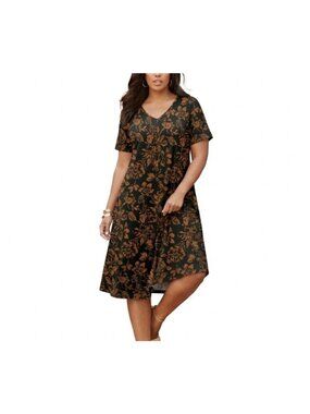 Roamans Swing Dress Plus Size 1X Floral V Neck Short Sleeve Knee Length Boho NEW